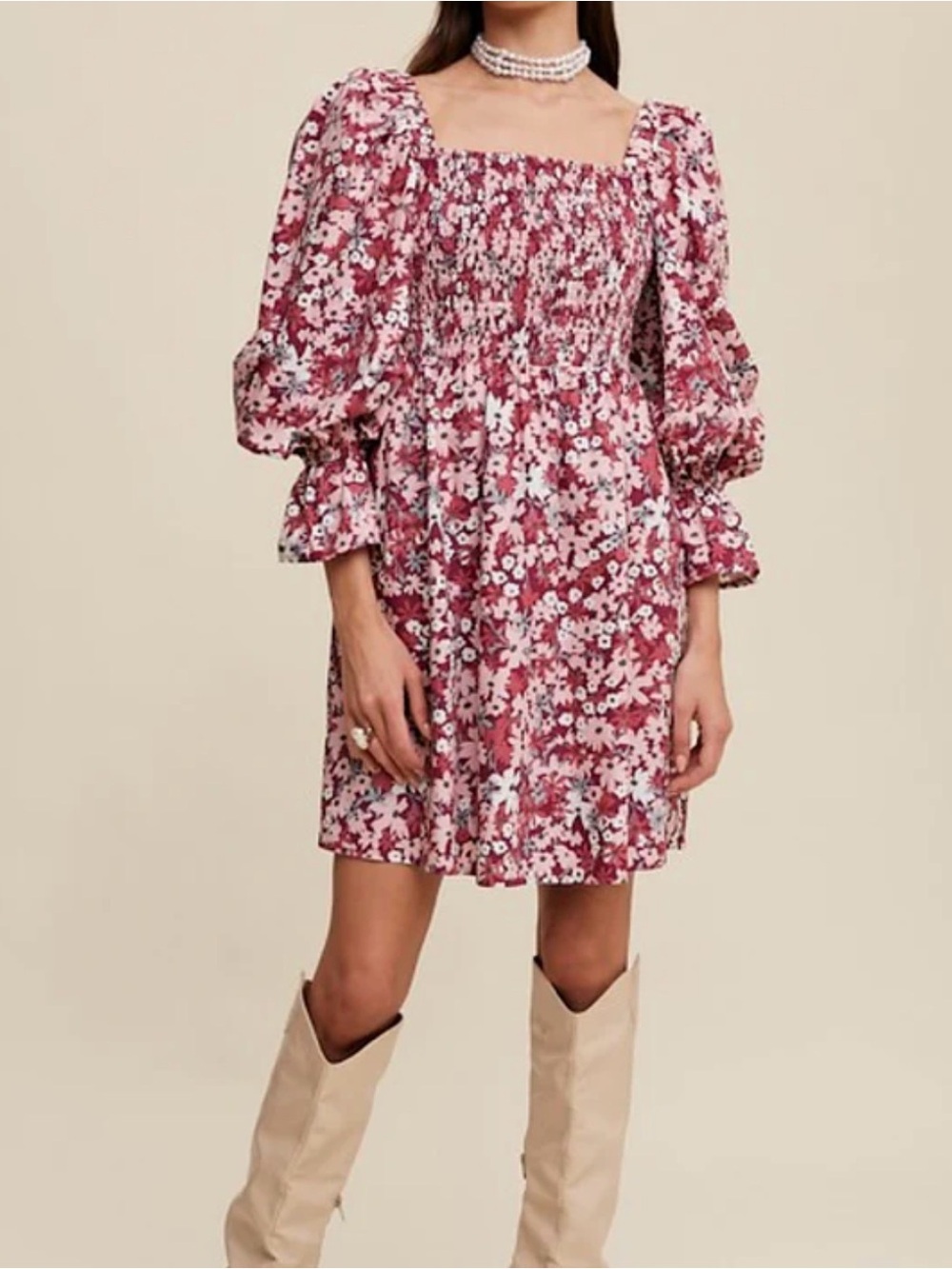 Smocked Square-Neck Floral Peasant Top - Purple Pink